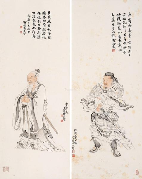  文圣武王二屏 立轴 设色纸本