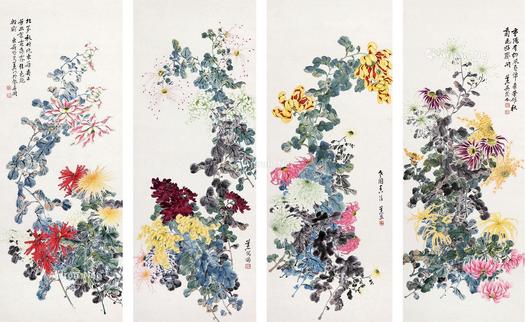  菊花 四屏立轴 设色纸本