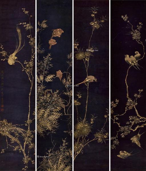  道光丙戌（1886）年作 戏禽图 立轴 四屏 设色纸本