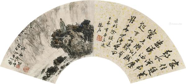  书画合璧 镜框 扇面 洒金纸本 设色纸本