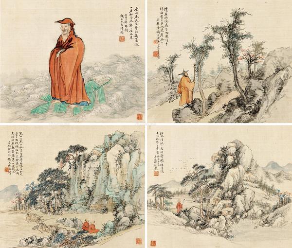  山水人物册 册页 （选四） 设色绢本