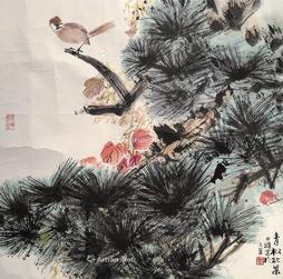  青松红叶 镜片 设色纸本