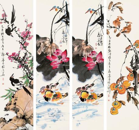  花鸟四屏 镜片 设色纸本