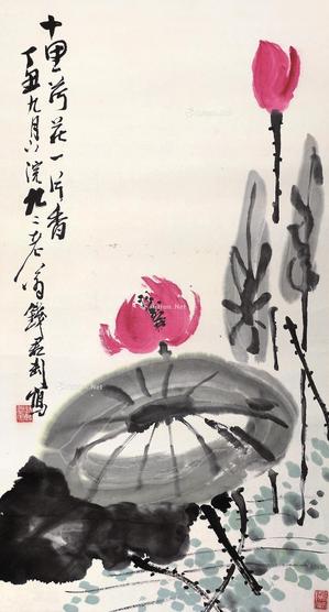 荷花 镜片 设色纸本