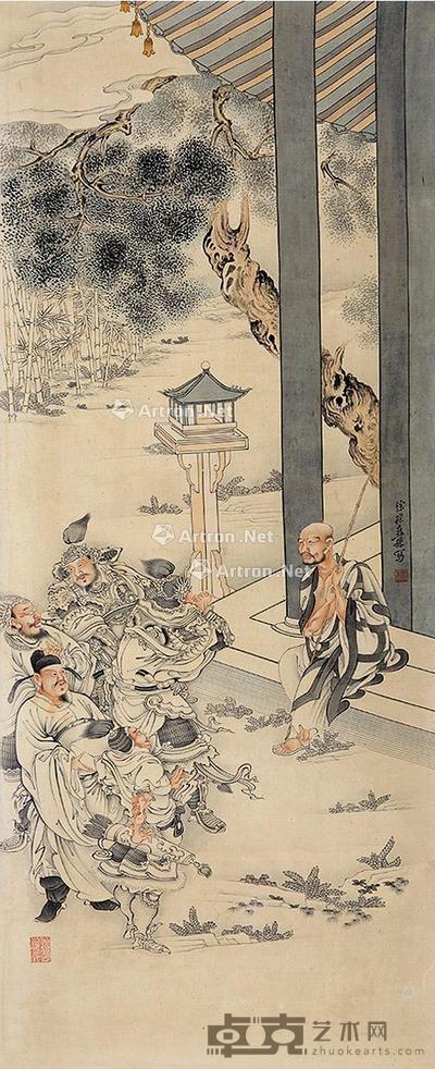  罗汉讲经图 立轴 设色绢本 108×44cm