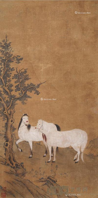 柳荫双骏 立轴 设色绢本 102×51cm
