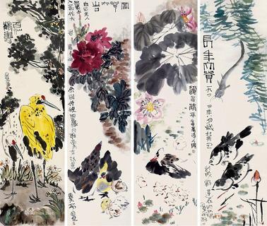  花鸟 四屏 立轴 纸本