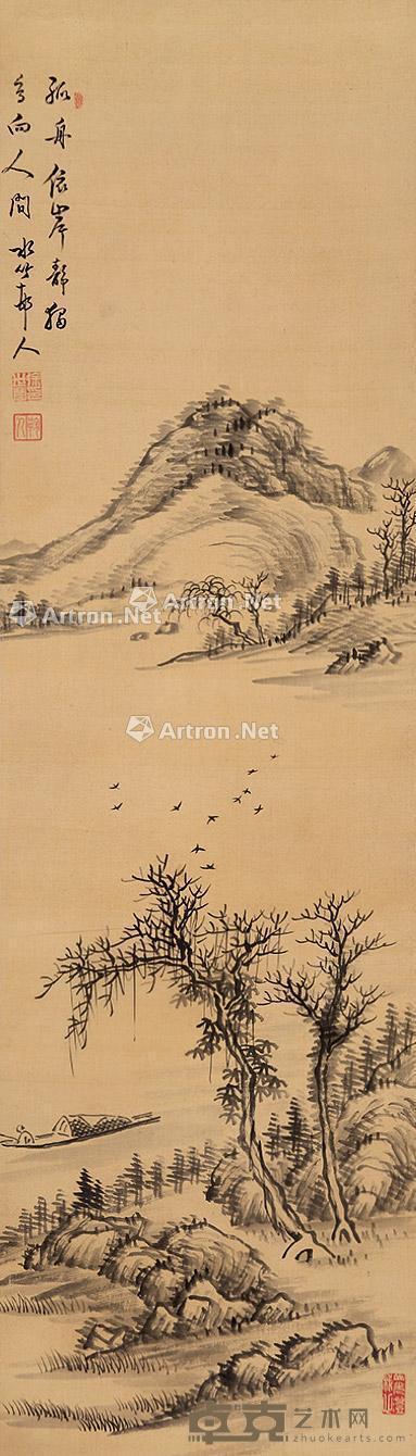  孤舟依岸 立轴 水墨绢本 126×35cm