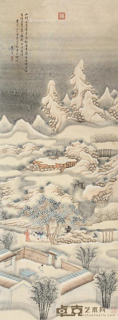  山邨雪景 立轴 设色纸本 143×52cm