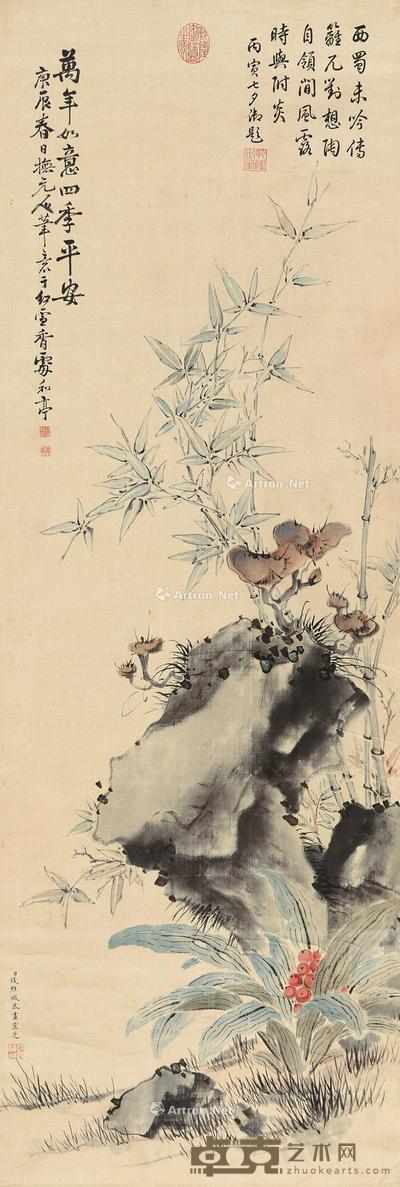 四季平安 立轴 设色绫本 126×42cm