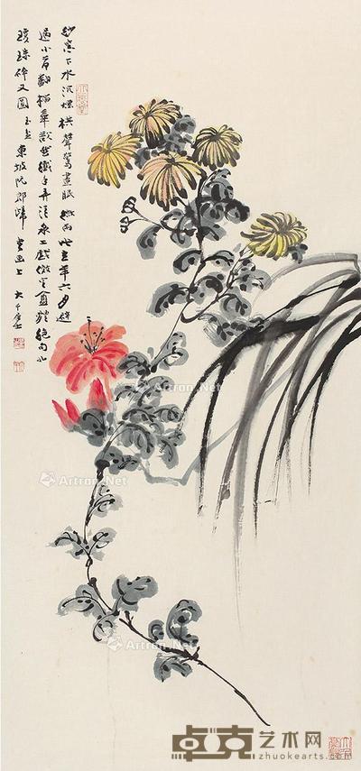  彩菊图 立轴 设色纸本 100×47cm