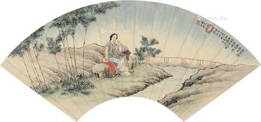  庭竹瑶琴 扇片 设色纸本