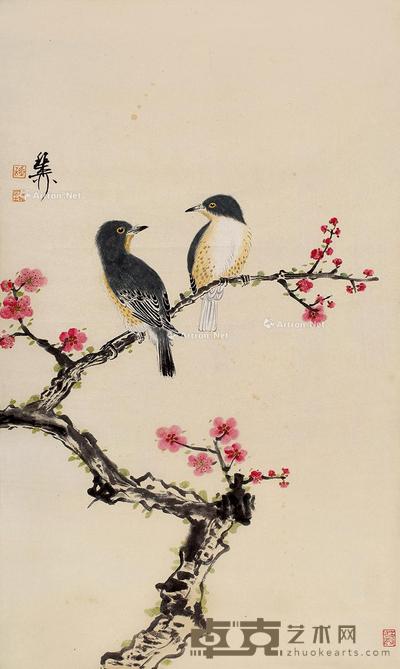  红梅双雀 镜片 设色纸本 63×38cm