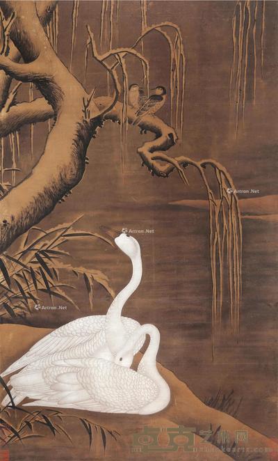雪景双鹅图 立轴 设色绢本 114×68cm