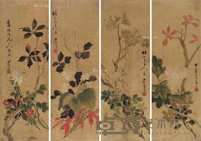 百花 四屏 镜片 设色绢本 53×18cm×4