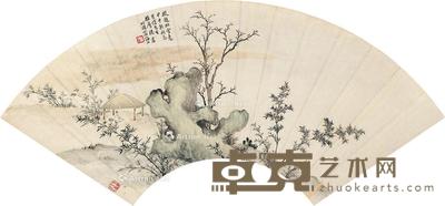 竹石小亭 扇片 设色纸本 --