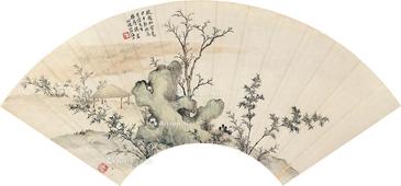  竹石小亭 扇片 设色纸本