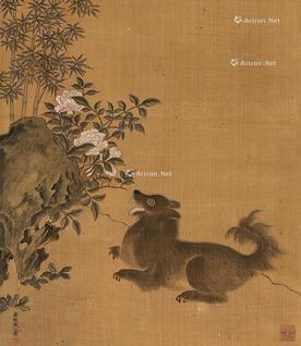  花下犬吠图 立轴 设色绢本