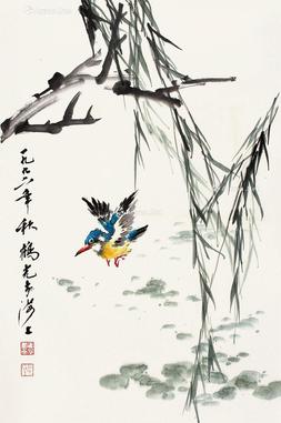  荷塘飞雀 镜片 设色纸本