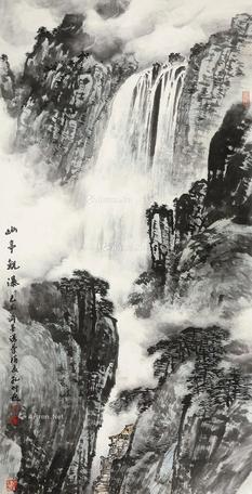  幽亭观瀑 镜片 设色纸本