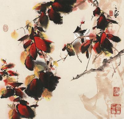  红叶飞雀 镜片 设色纸本