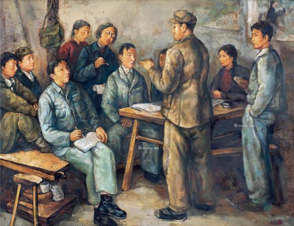  1953年作 学生下乡访问农户 镜框 布面油画