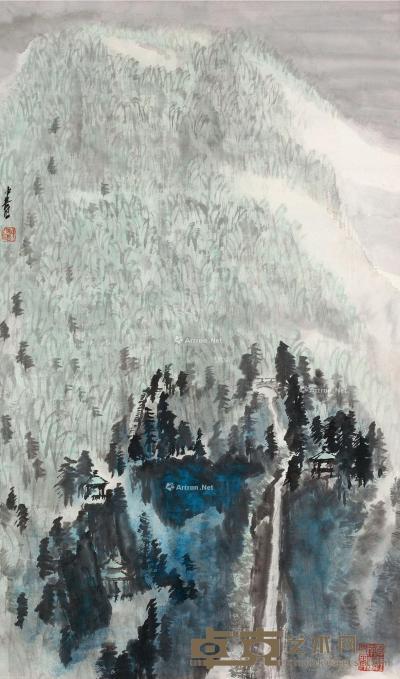  泉瀑云山图 镜片 设色纸本 97.5×57cm