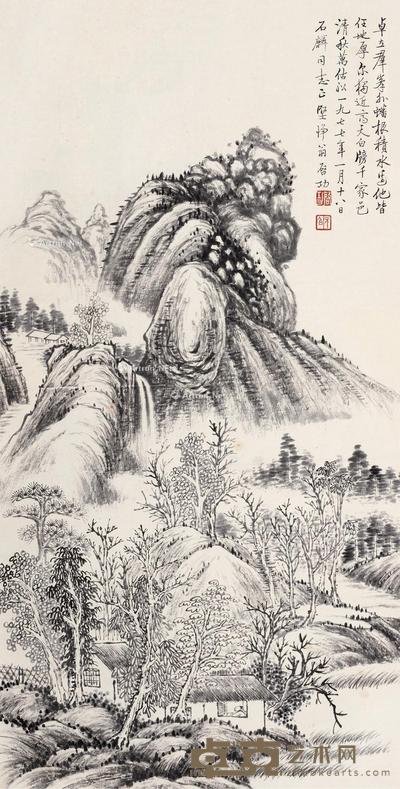 1977年作 清秋估船 立轴 水墨纸本 67.5×34cm