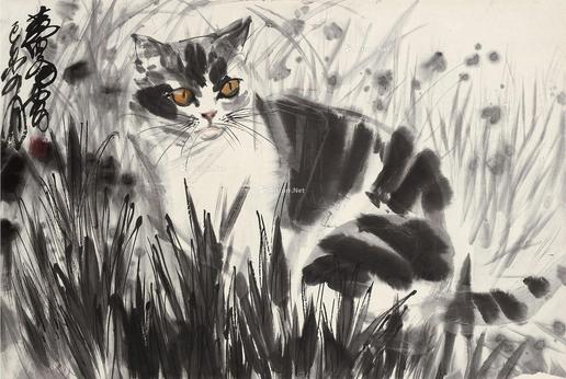  己未（1979）年作 花间猫戏 立轴 设色纸本