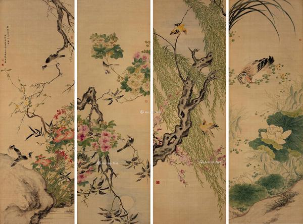  丙寅（1846）年作 花鸟 四屏 立轴 设色绢本