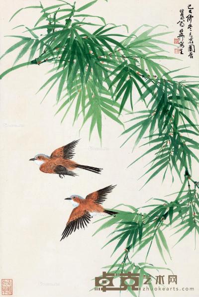  己巳（1989）年作 比翼双飞 镜片 设色纸本 68×45cm