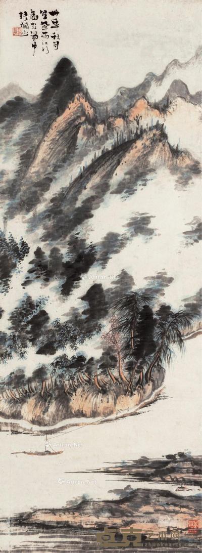  1941年作 风雨江河图 立轴 设色纸本 91×33cm