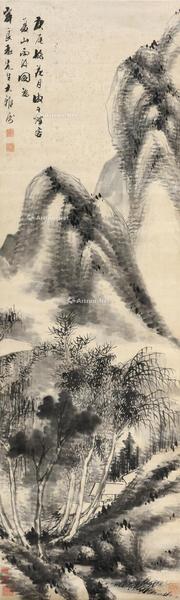  夏山雨后图 立轴 水墨绫本