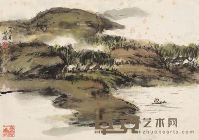  丁巳（1977）年作 青山帆影 镜片 设色纸本 34.5×49.5cm