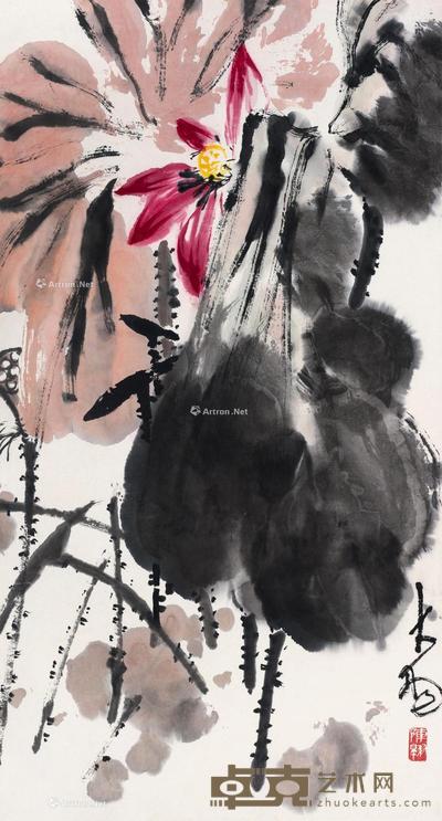 红荷 镜片 设色纸本 93×49cm