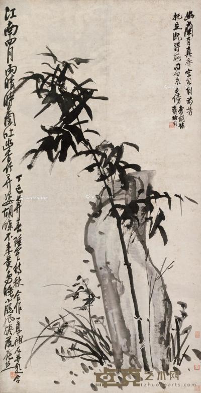  丁巳（1917）年作 竹石幽兰图 立轴 水墨纸本 130×66cm