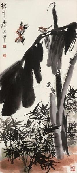  竹雀图 立轴 设色纸本