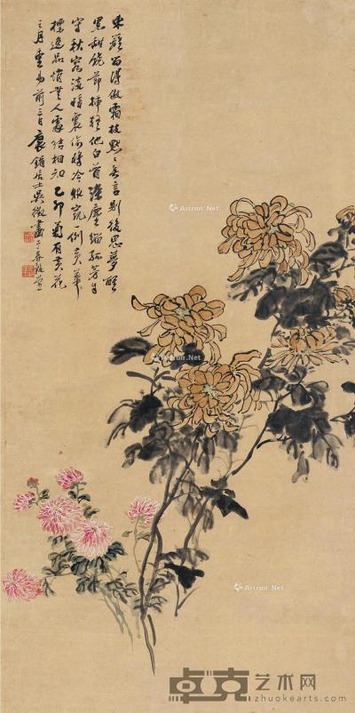  乙卯（1915）年作 秋菊 立轴 设色纸本 83×41cm