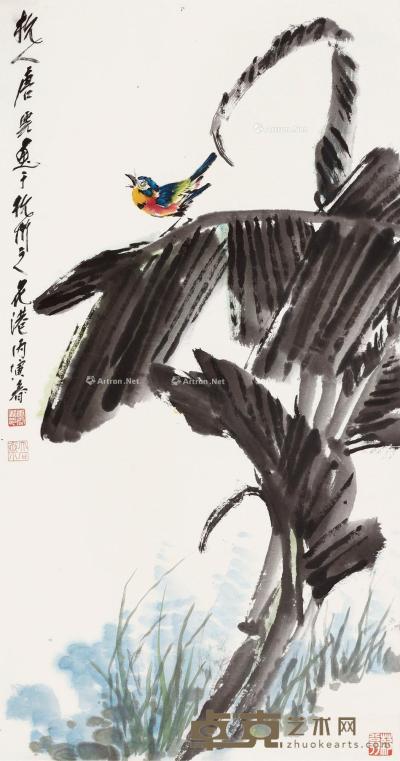  丙寅（1986）年作 蕉荫雀鸣图 立轴 设色纸本 98×51.5cm