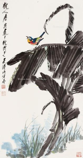  丙寅（1986）年作 蕉荫雀鸣图 立轴 设色纸本
