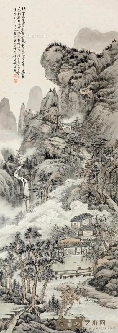  庚午（1930）年作 松山云瀑 立轴 设色纸本 133×46cm