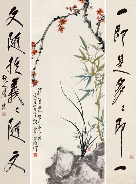 己卯（1939）年作 纯是君子·行书七言联 立轴 设色纸本