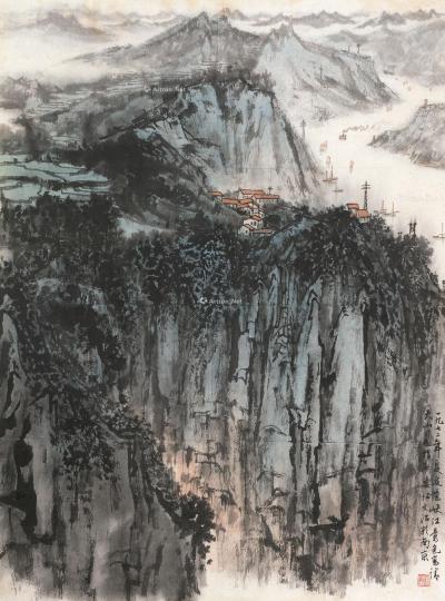  1972年作 峡江景色 镜片 设色纸本