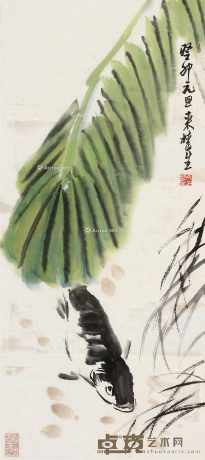  癸卯（1963）年作 蕉荫鱼戏 立轴 设色纸本 76.5×33.5cm