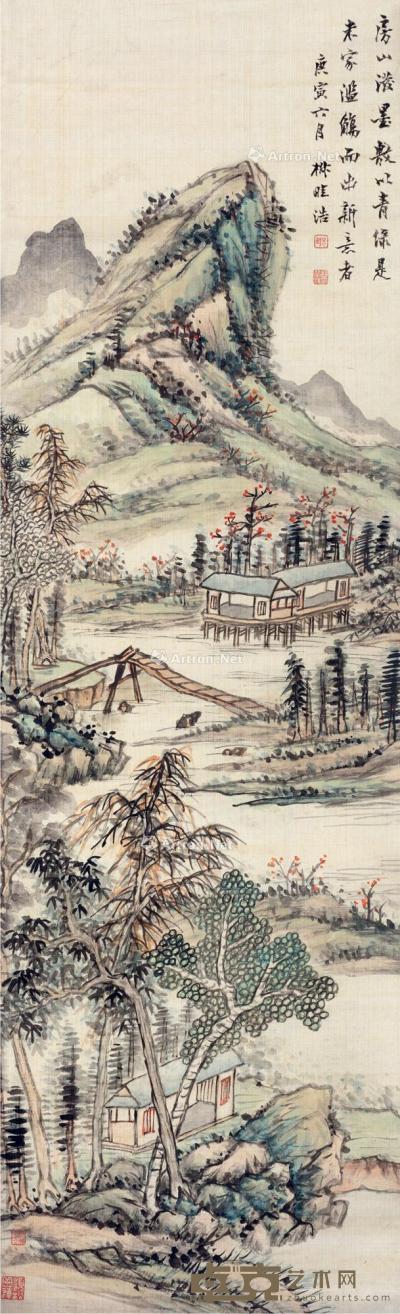  庚寅（1830）年作 溪桥山居图 立轴 设色绢本 137×41.5cm
