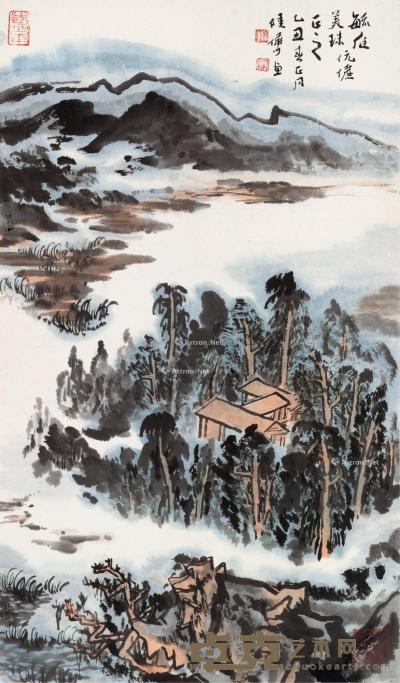  乙丑（1985）年作 林峦村居 立轴 设色纸本 58×33cm