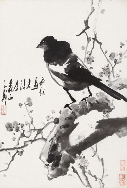  喜鹊 镜片 水墨纸本