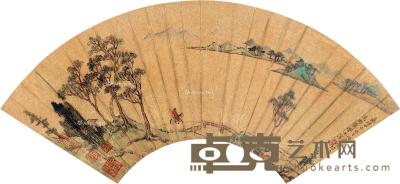  甲申（1574）年作 策马图 扇面 设色金笺 17×50cm