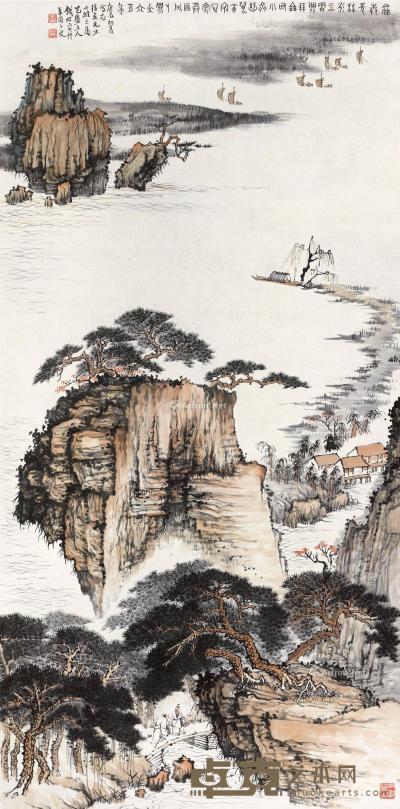  庚辰（1940）年作 空江帆影 镜片 设色纸本 130.5×64cm