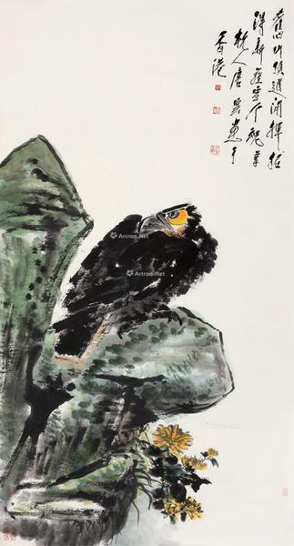  菊石雄鹰 镜片 设色纸本